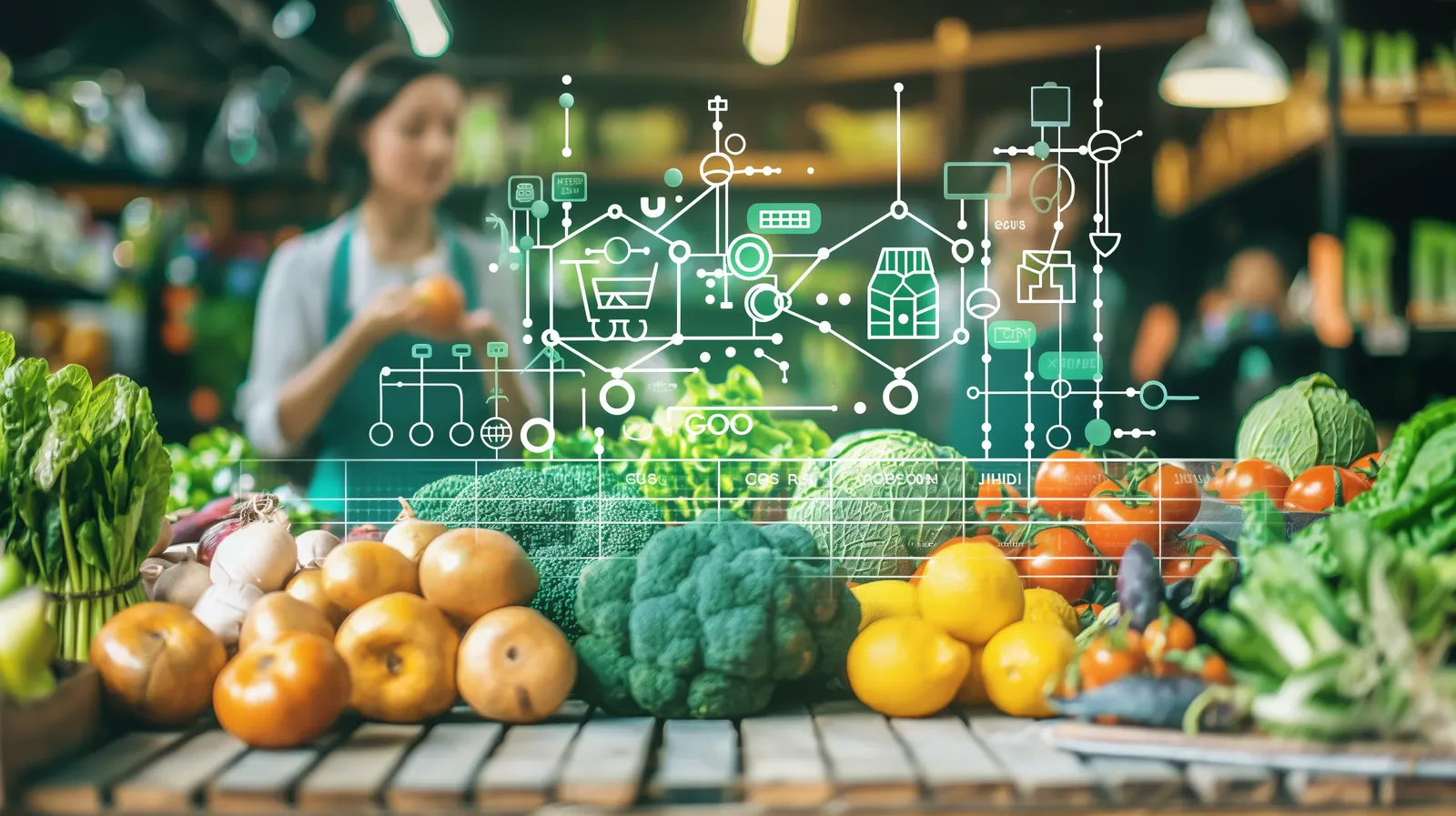 Fresh produce on a wholesale counter with a digital ordering and inventory data overlay